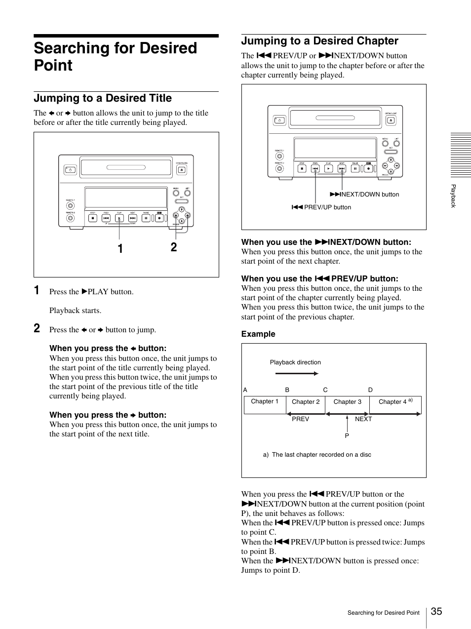 Searching for desired point, Jumping to a desired title, Jumping to a desired chapter | Sony DVO-1000MD User Manual | Page 35 / 62