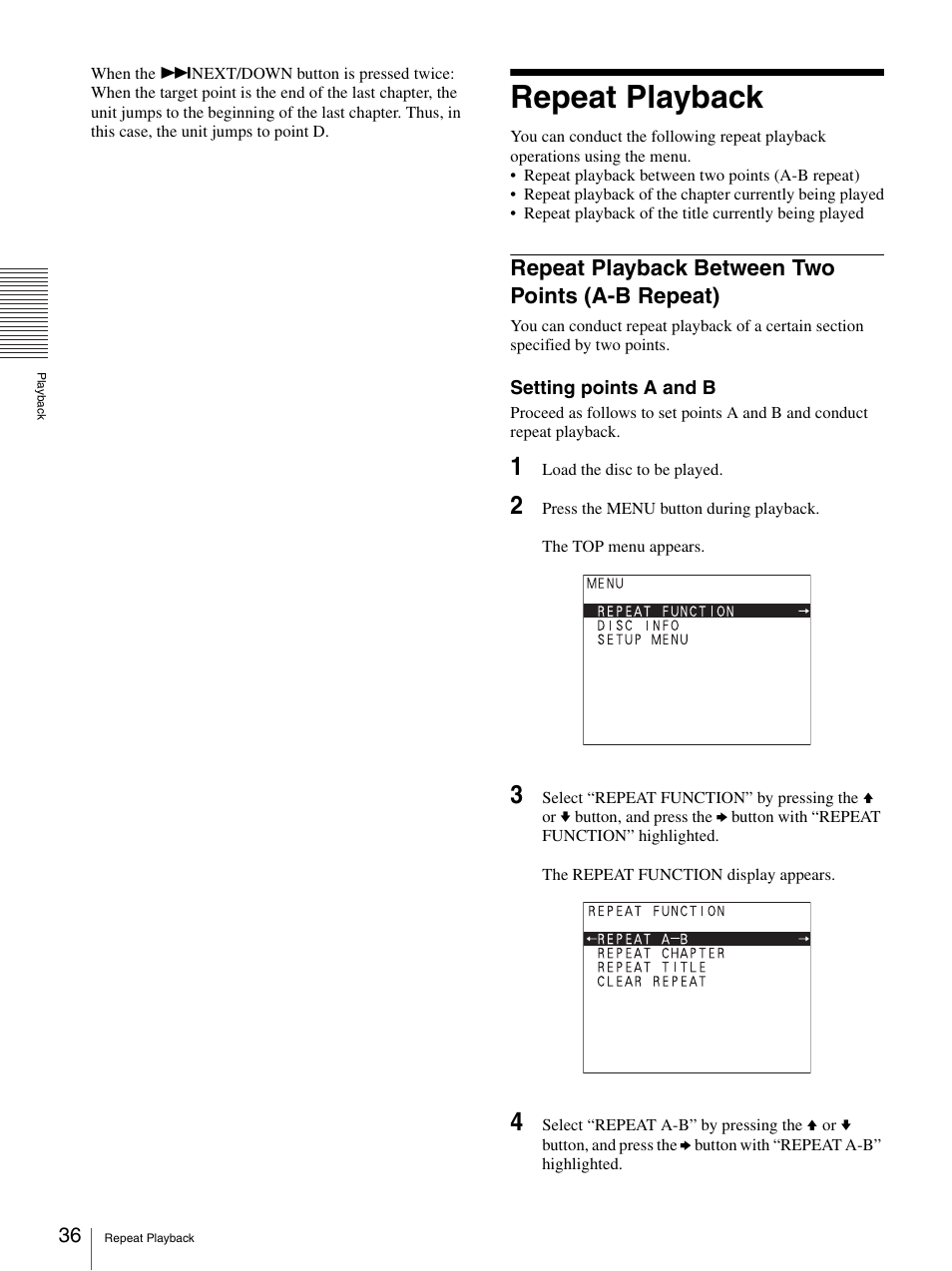 Repeat playback, Repeat playback between two points (a-b repeat), Repeat playback between two points (a-b | Repeat) | Sony DVO-1000MD User Manual | Page 36 / 62