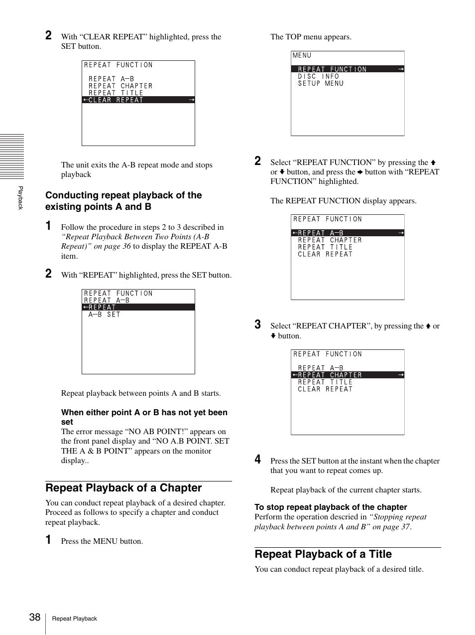 Repeat playback of a chapter, Repeat playback of a title | Sony DVO-1000MD User Manual | Page 38 / 62