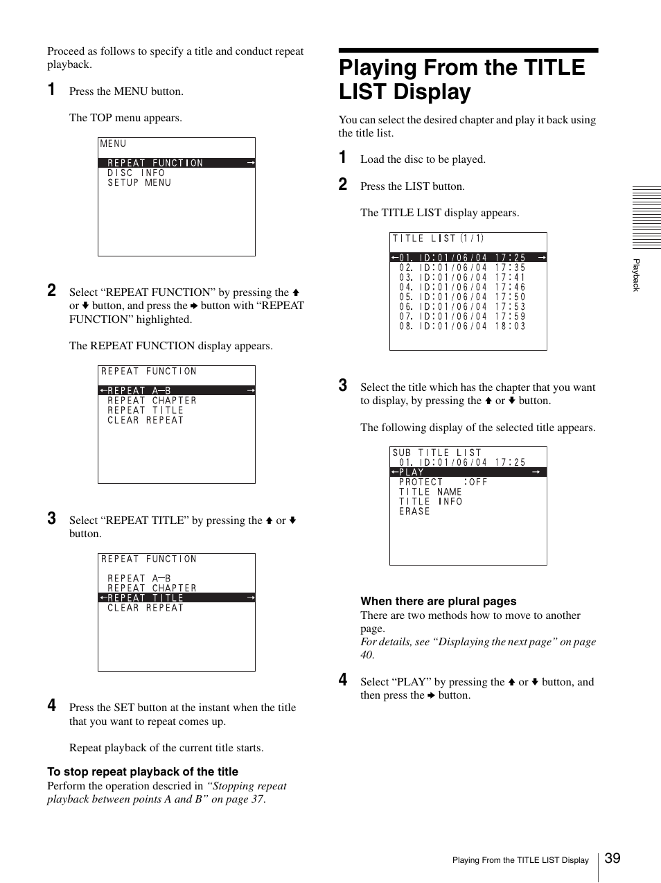 Playing from the title list display | Sony DVO-1000MD User Manual | Page 39 / 62