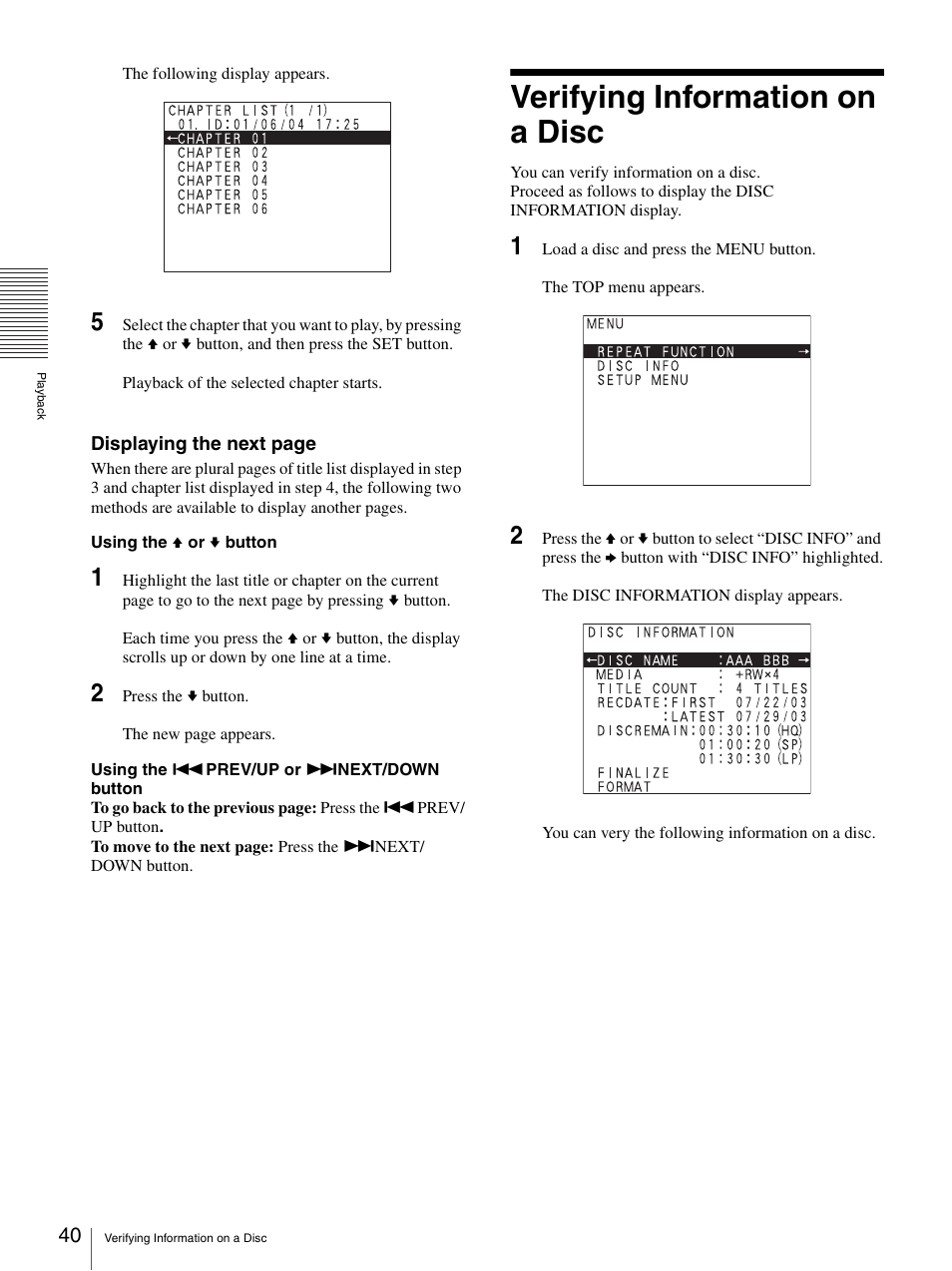 Verifying information on a disc | Sony DVO-1000MD User Manual | Page 40 / 62