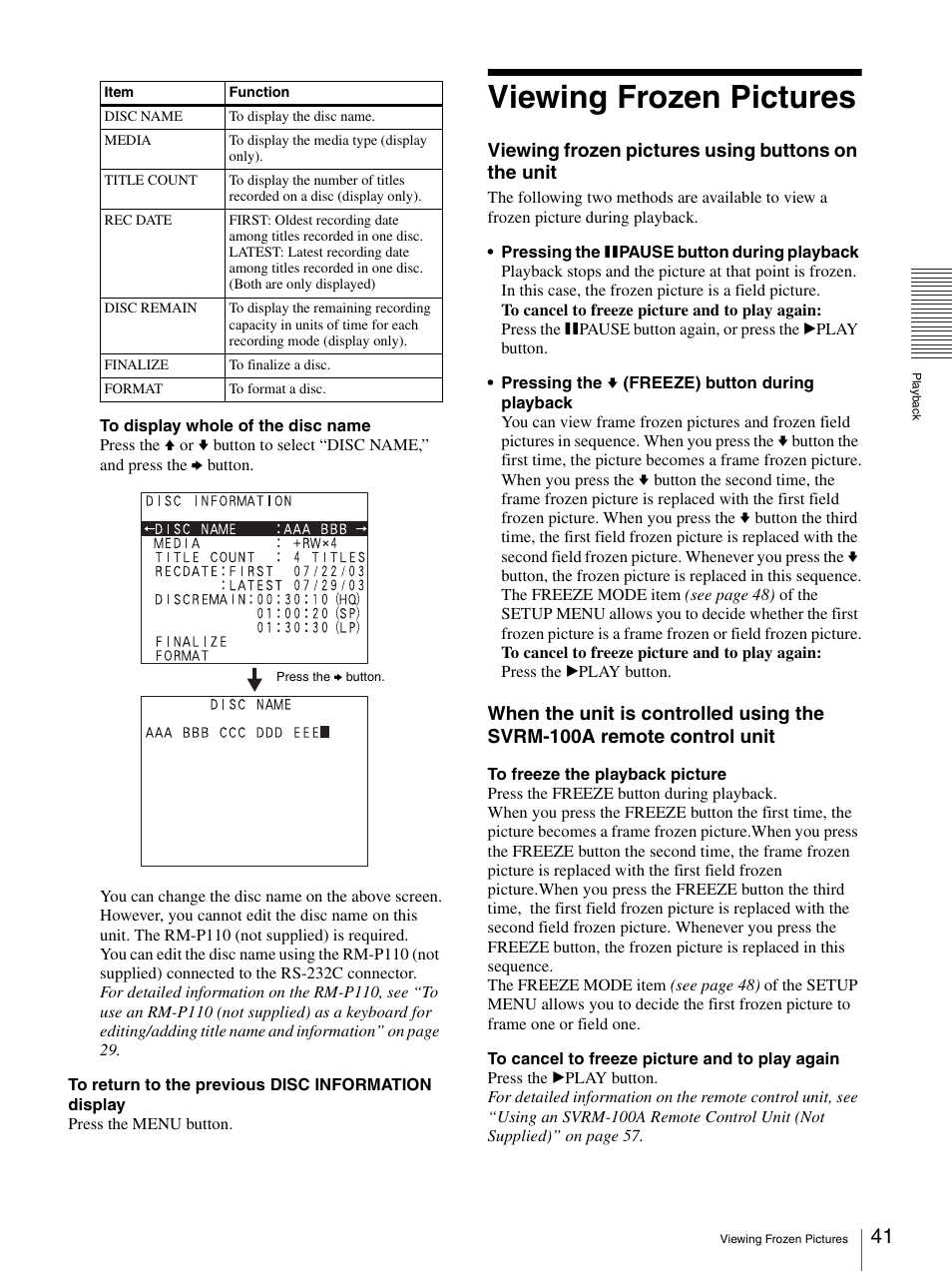 Viewing frozen pictures, Viewing frozen pictures using buttons on the unit | Sony DVO-1000MD User Manual | Page 41 / 62