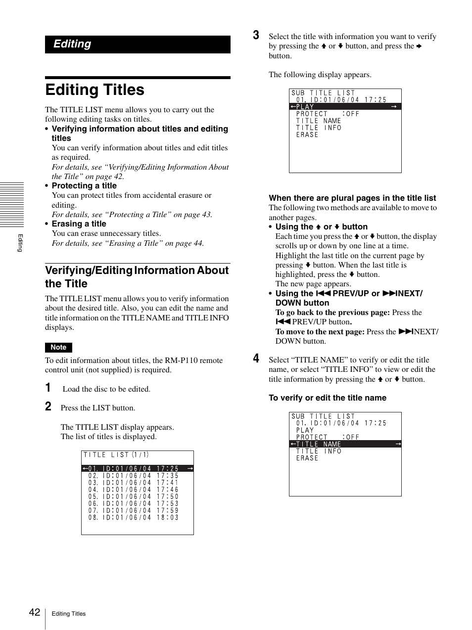 Editing, Editing titles, Verifying/editing information about the title | Verifying/editing information about the title .42 | Sony DVO-1000MD User Manual | Page 42 / 62