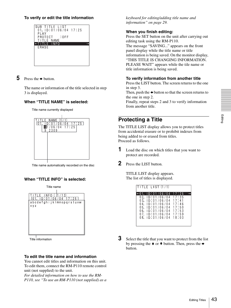 Protecting a title | Sony DVO-1000MD User Manual | Page 43 / 62