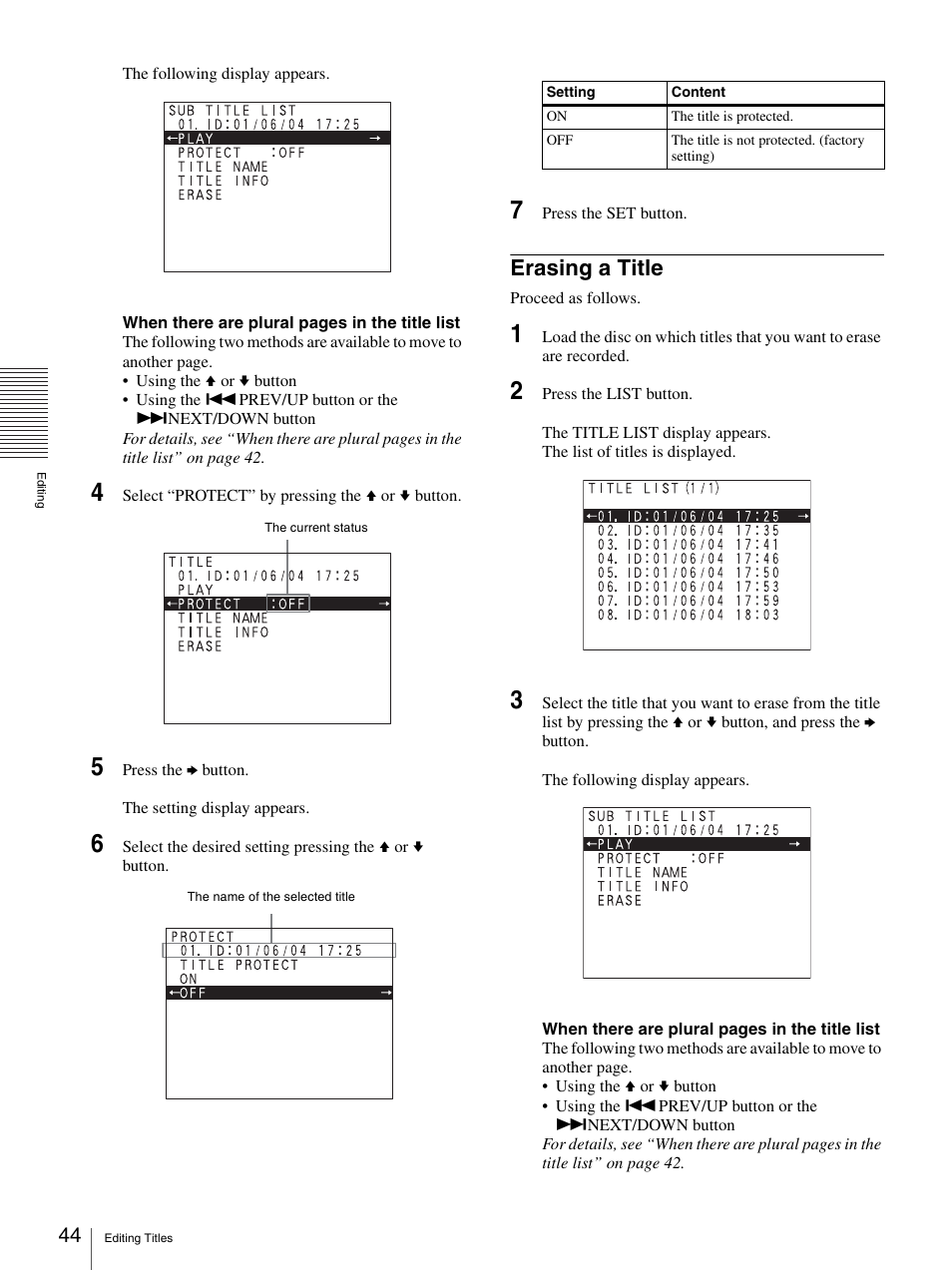 Erasing a title | Sony DVO-1000MD User Manual | Page 44 / 62