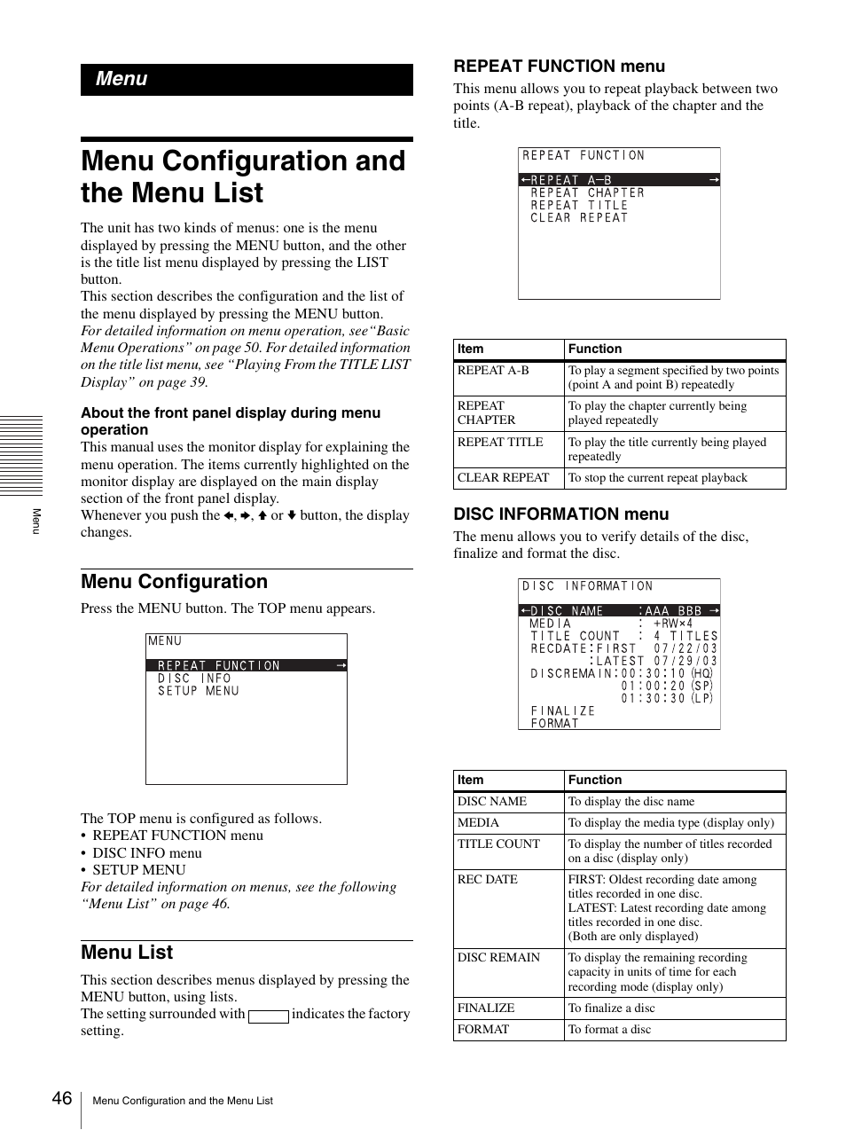 Menu, Menu configuration and the menu list, Menu configuration | Menu list, Menu configuration menu list, Repeat function menu, Disc information menu | Sony DVO-1000MD User Manual | Page 46 / 62