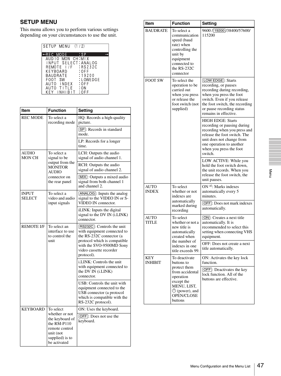 Setup menu | Sony DVO-1000MD User Manual | Page 47 / 62