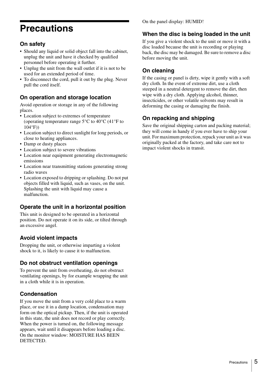 Precautions | Sony DVO-1000MD User Manual | Page 5 / 62