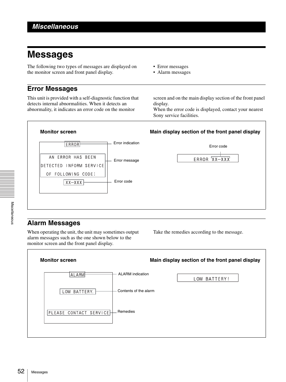 Miscellaneous, Messages, Error messages | Alarm messages, Error messages alarm messages | Sony DVO-1000MD User Manual | Page 52 / 62