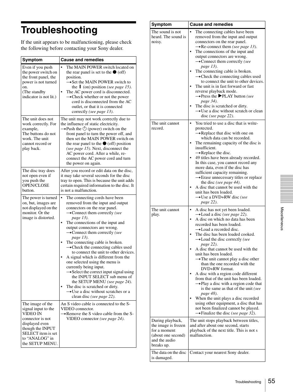 Troubleshooting | Sony DVO-1000MD User Manual | Page 55 / 62