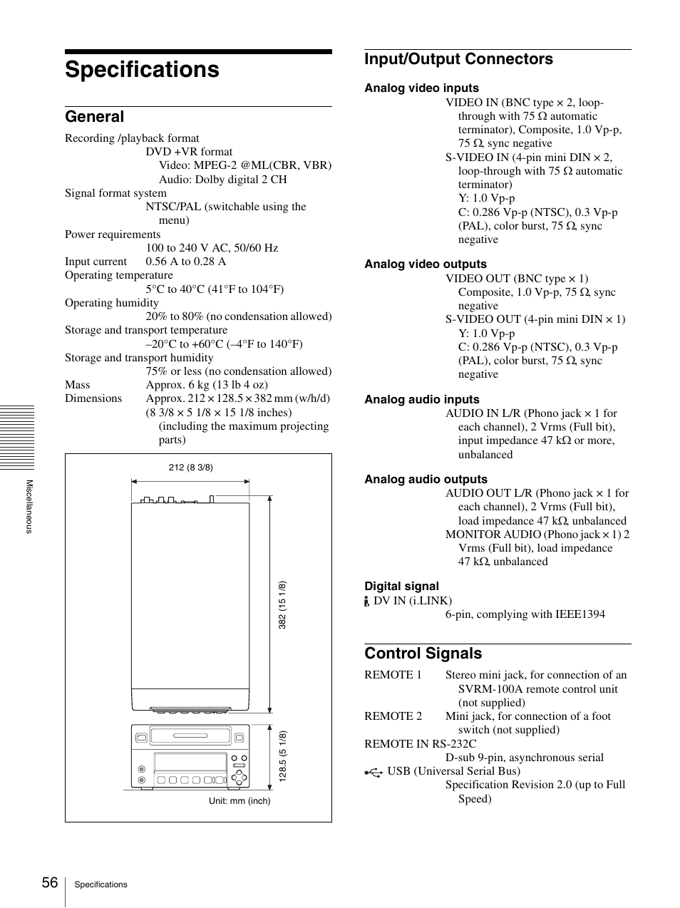 Specifications, General, Input/output connectors | Control signals, General input/output connectors control signals | Sony DVO-1000MD User Manual | Page 56 / 62