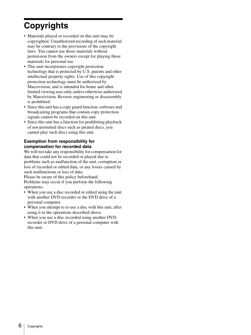 Copyrights | Sony DVO-1000MD User Manual | Page 6 / 62