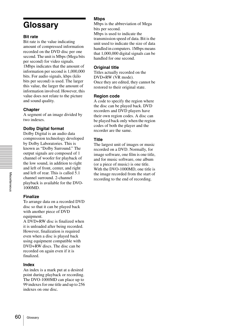 Glossary | Sony DVO-1000MD User Manual | Page 60 / 62