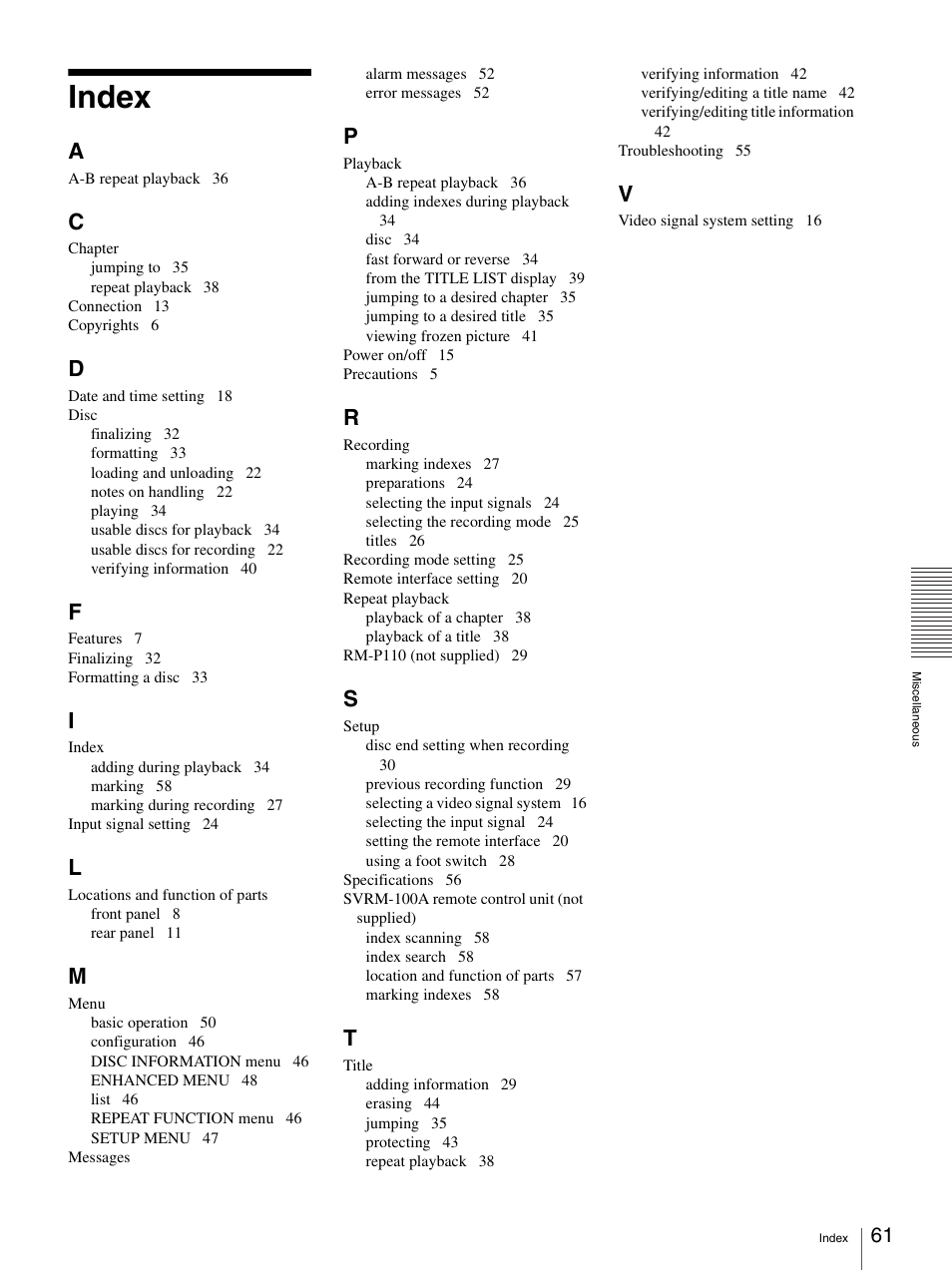 Index | Sony DVO-1000MD User Manual | Page 61 / 62