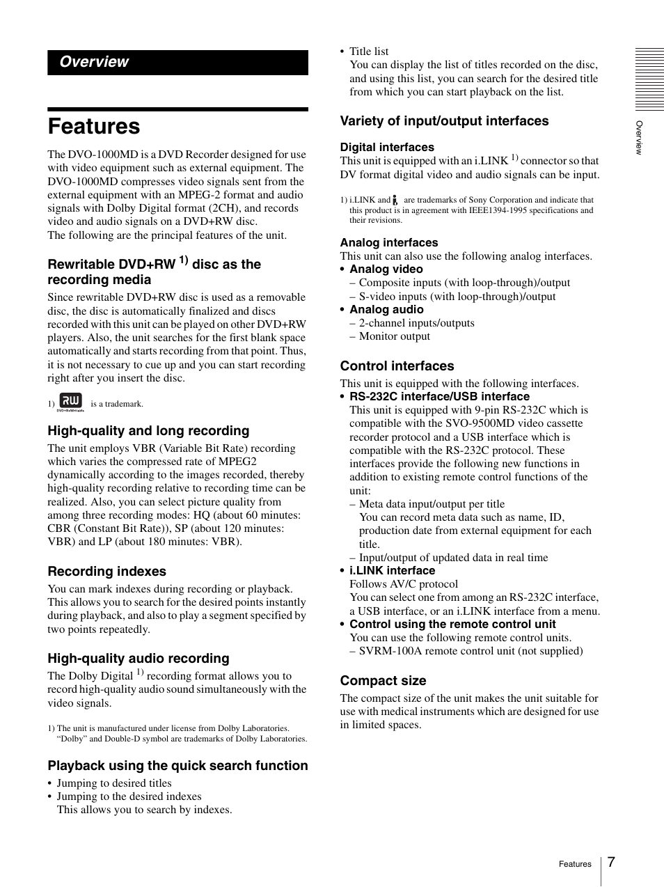 Overview, Features | Sony DVO-1000MD User Manual | Page 7 / 62