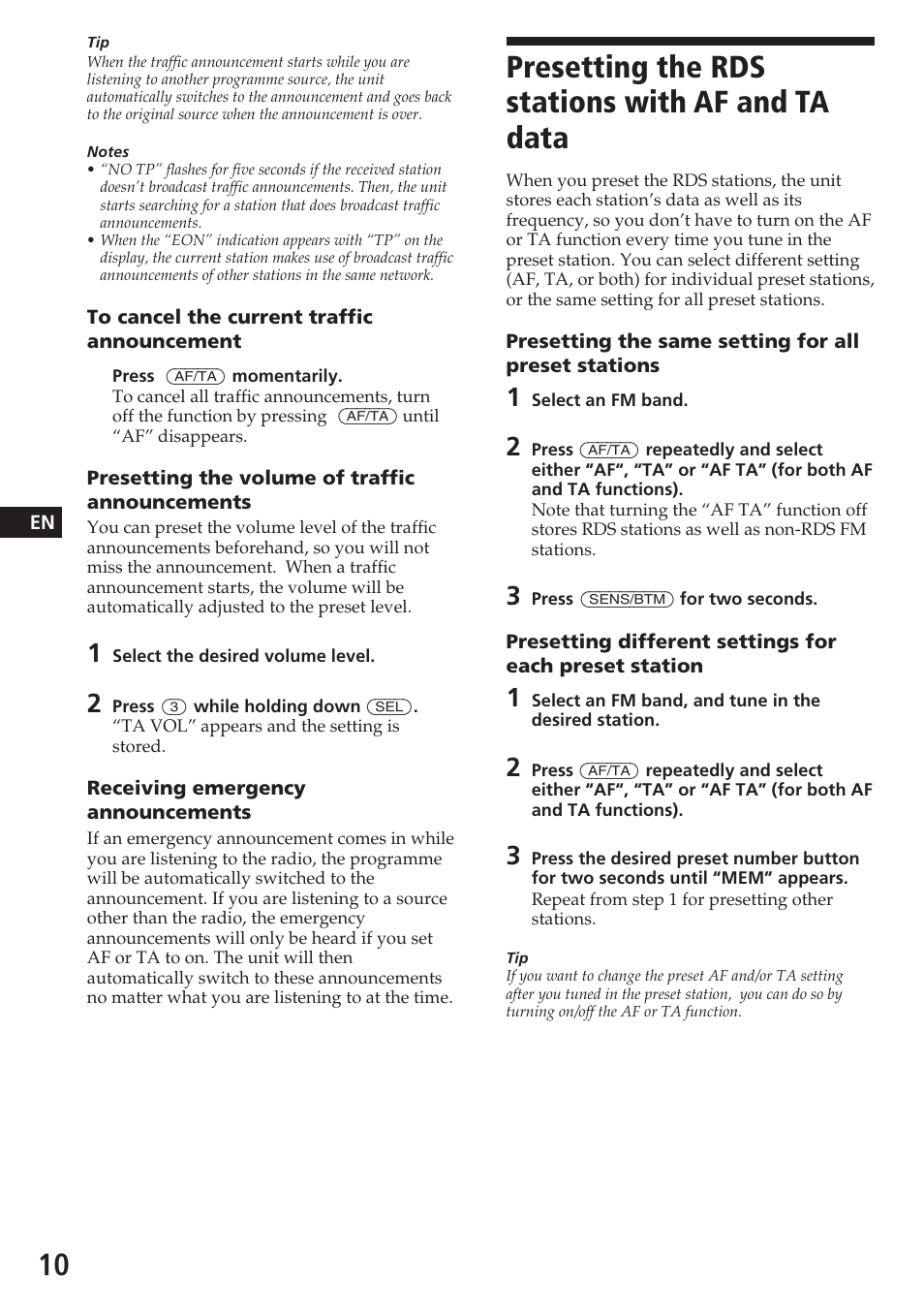 Presetting the rds stations with af and ta data | Sony XR-C5080R User Manual | Page 10 / 84