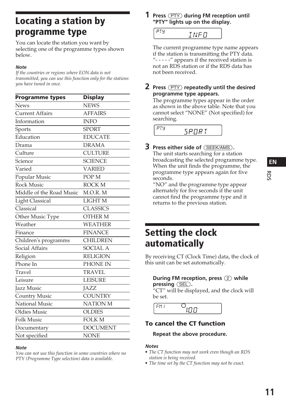 Setting the clock automatically, Locating a station by programme type, Info 100 | Sony XR-C5080R User Manual | Page 11 / 84