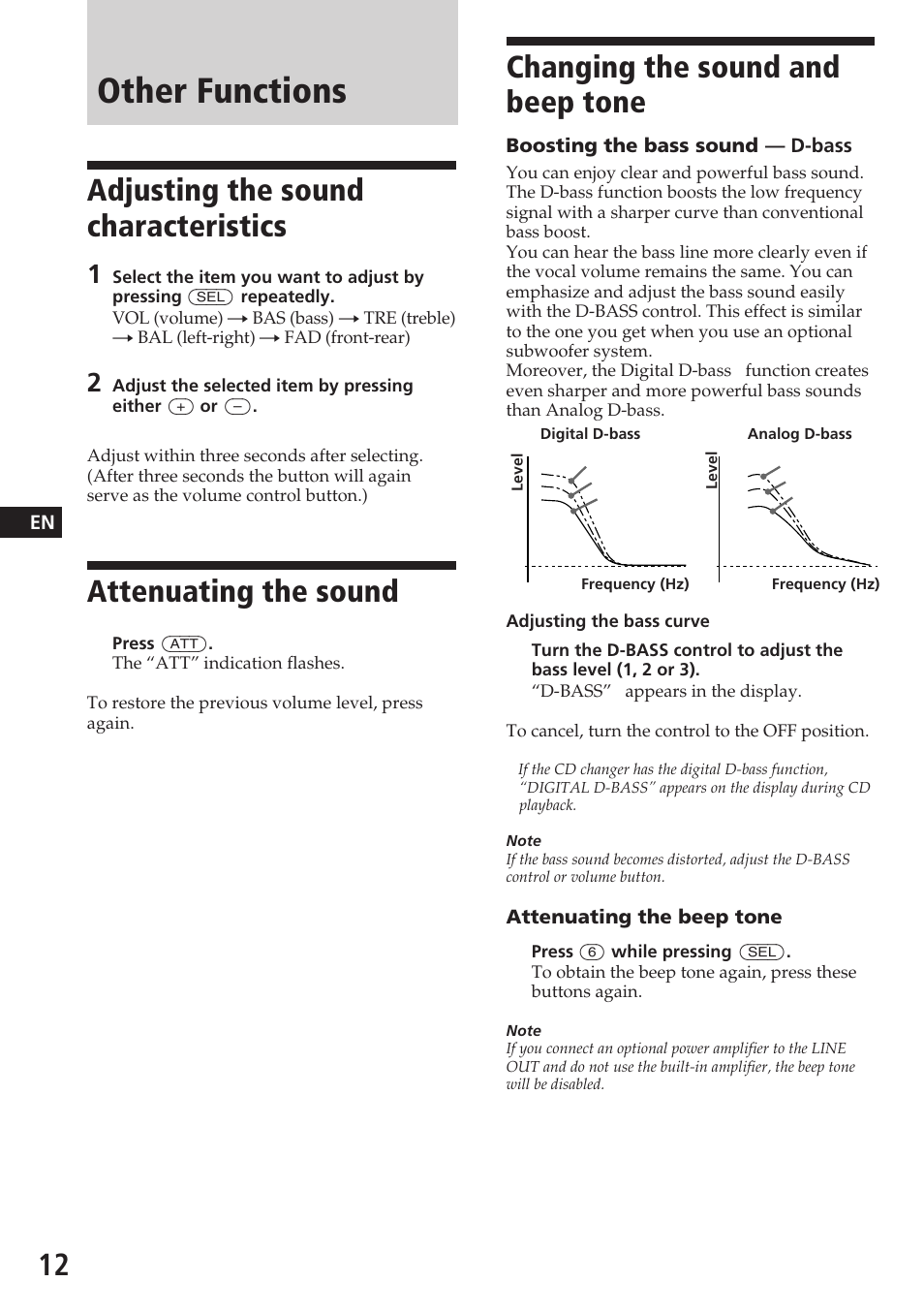 Other functions, Changing the sound and beep tone, Adjusting the sound characteristics | Attenuating the sound | Sony XR-C5080R User Manual | Page 12 / 84