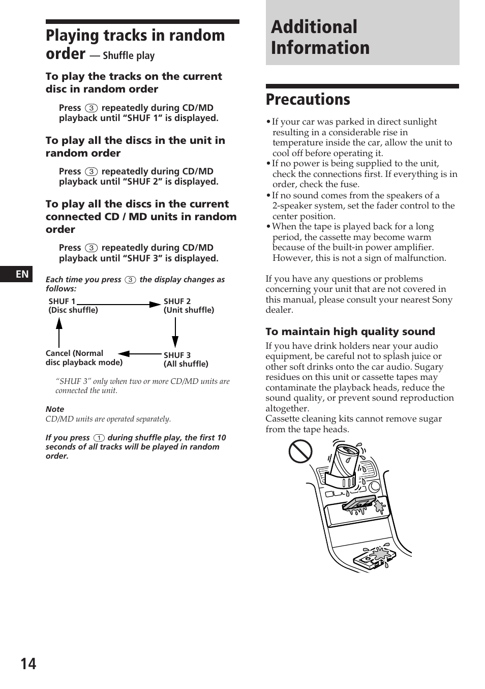 Additional information, Playing tracks in random order, Precautions | Sony XR-C5080R User Manual | Page 14 / 84