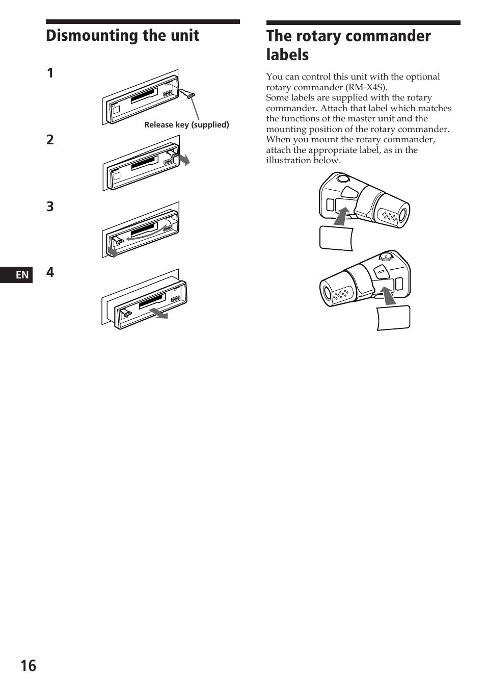 Dismounting the unit, The rotary commander labels | Sony XR-C5080R User Manual | Page 16 / 84