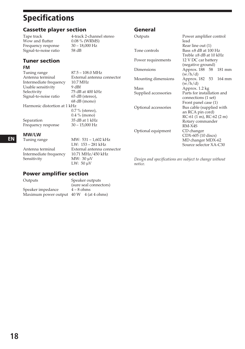 Specifications, General | Sony XR-C5080R User Manual | Page 18 / 84