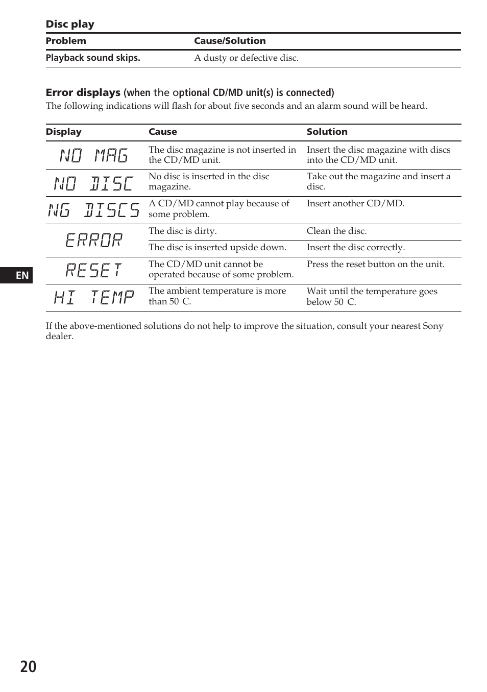 No mag no disc ng discs error reset hi temp | Sony XR-C5080R User Manual | Page 20 / 84