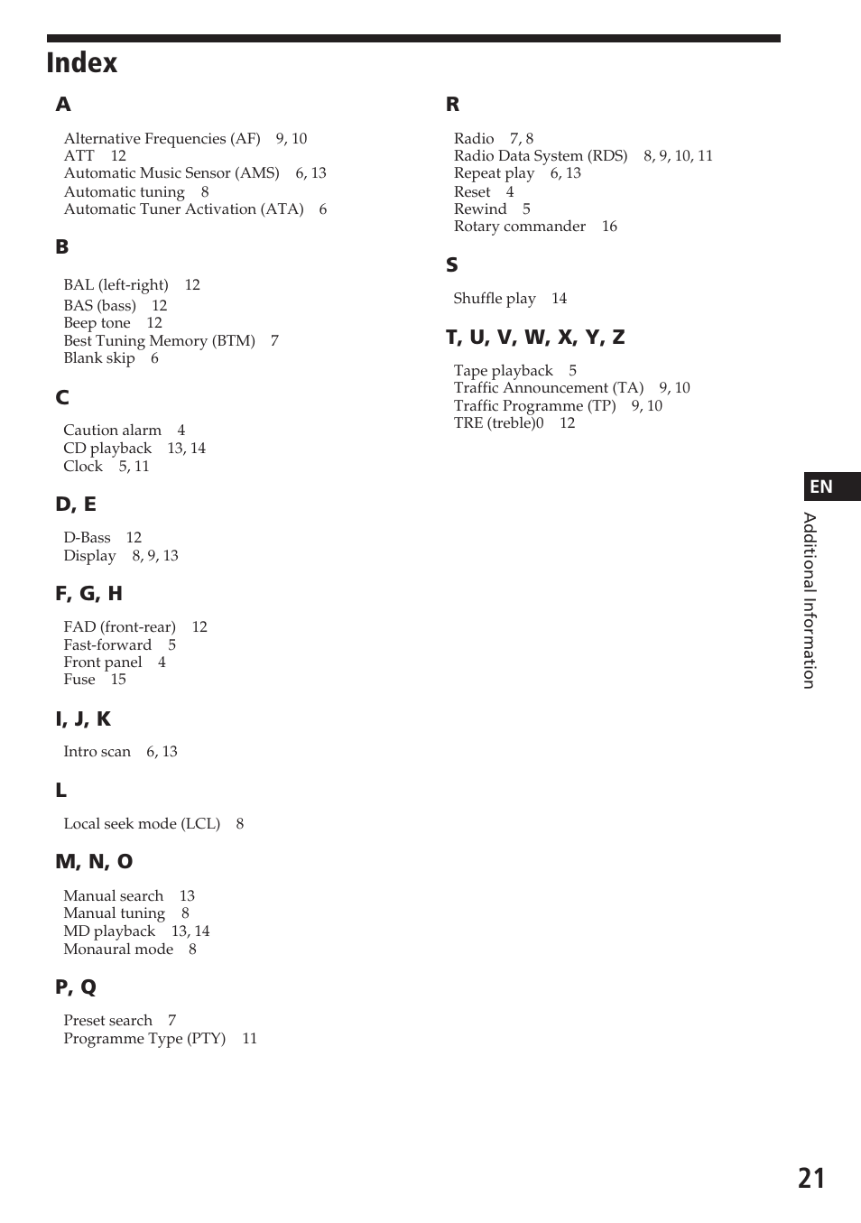 Index | Sony XR-C5080R User Manual | Page 21 / 84