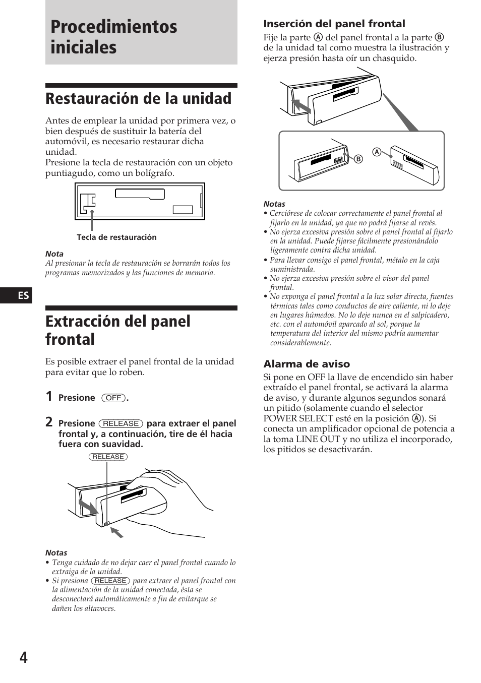 Procedimientos iniciales, Restauración de la unidad, Extracción del panel frontal | Sony XR-C5080R User Manual | Page 24 / 84