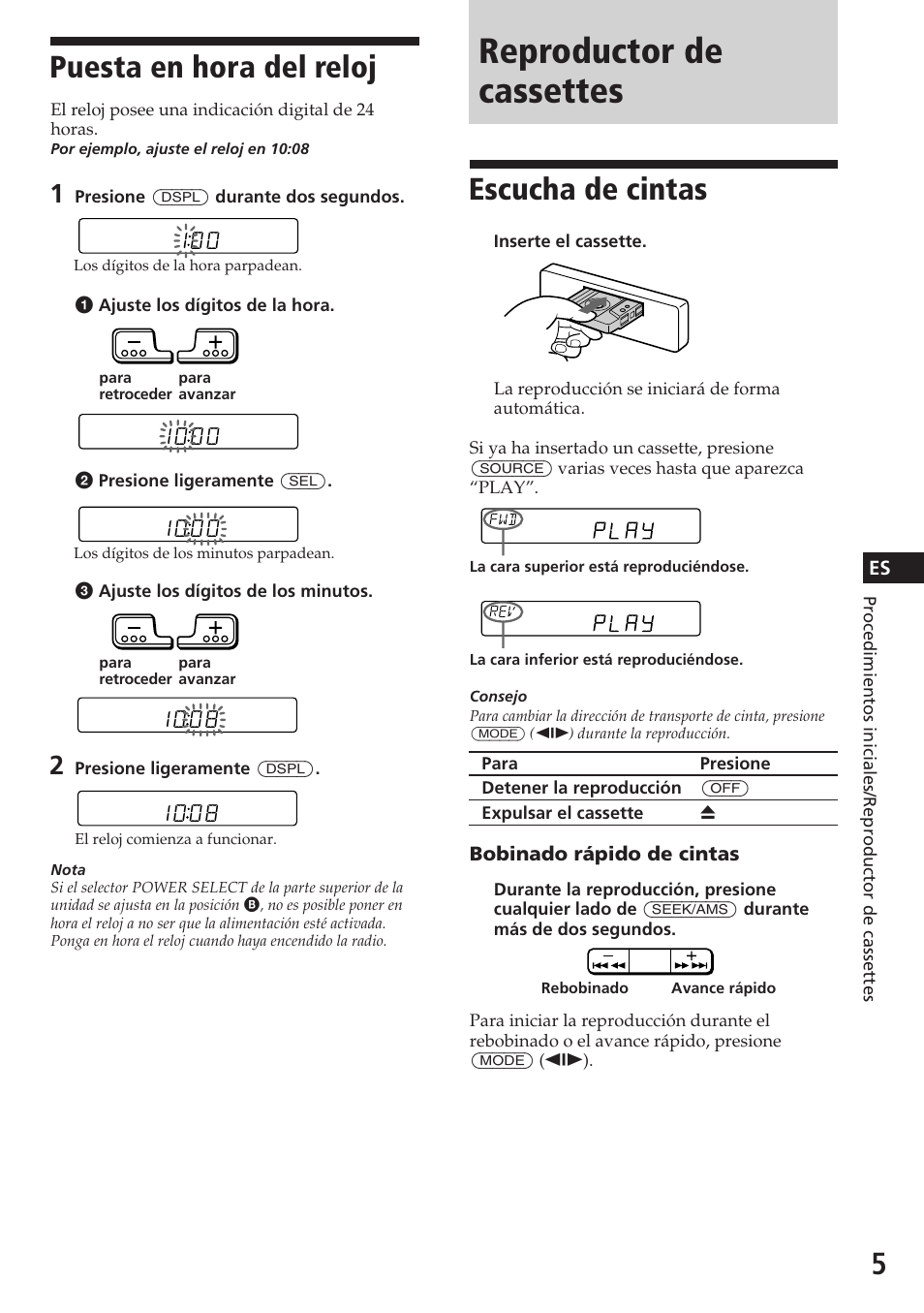 Reproductor de cassettes, Puesta en hora del reloj, Escucha de cintas | Sony XR-C5080R User Manual | Page 25 / 84