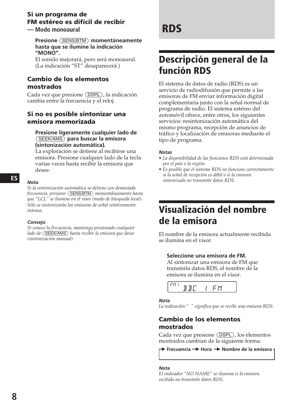 Descripción general de la función rds, Visualización del nombre de la emisora | Sony XR-C5080R User Manual | Page 28 / 84