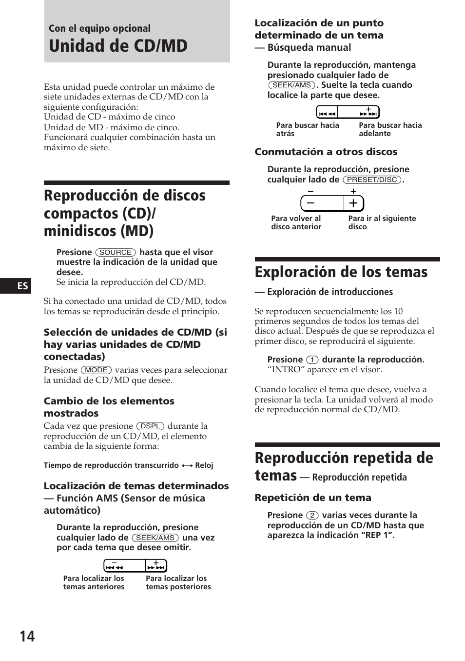 Unidad de cd/md, Exploración de los temas, Reproducción repetida de temas | Sony XR-C5080R User Manual | Page 34 / 84