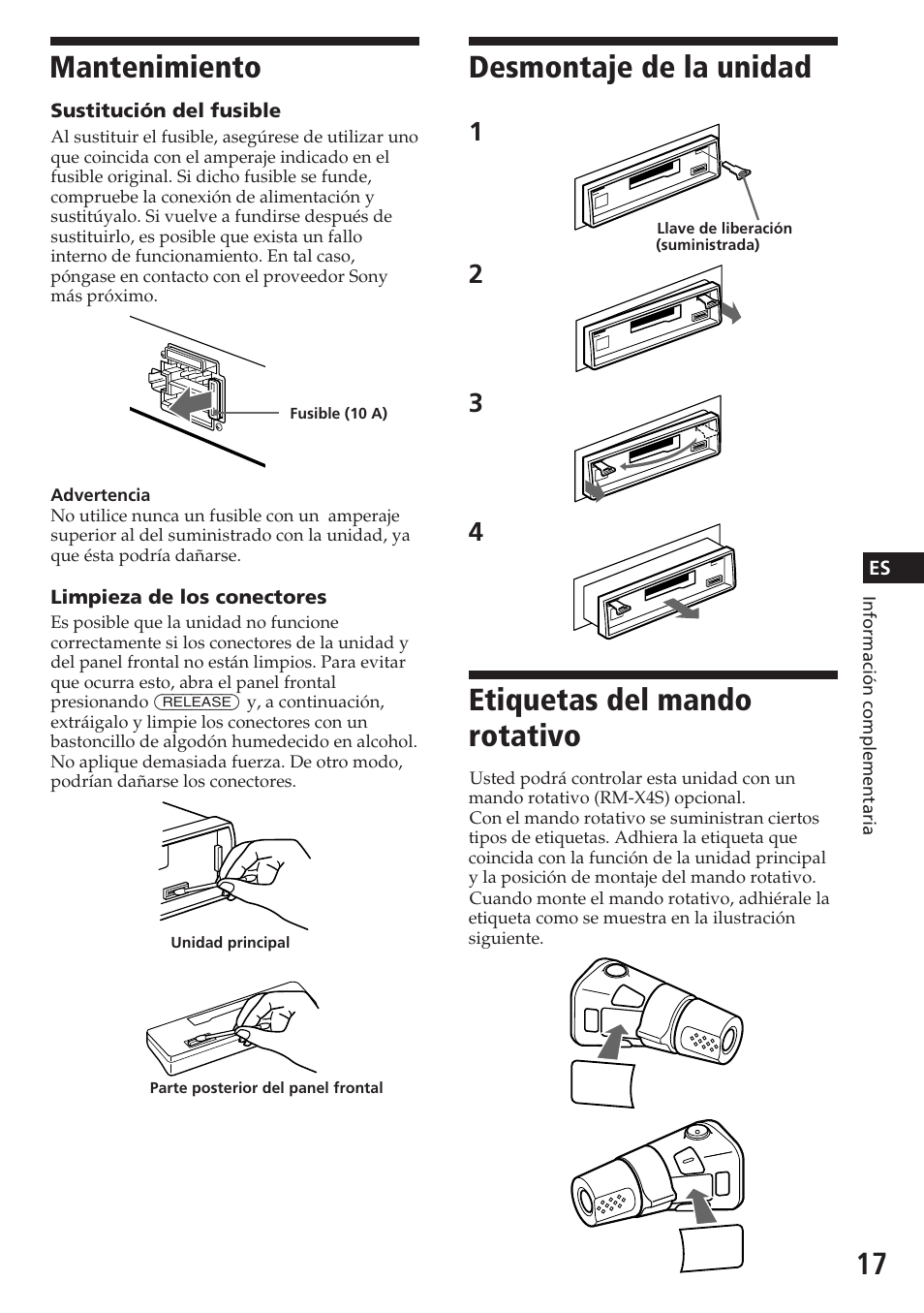 Desmontaje de la unidad, Mantenimiento, Etiquetas del mando rotativo | Sony XR-C5080R User Manual | Page 37 / 84