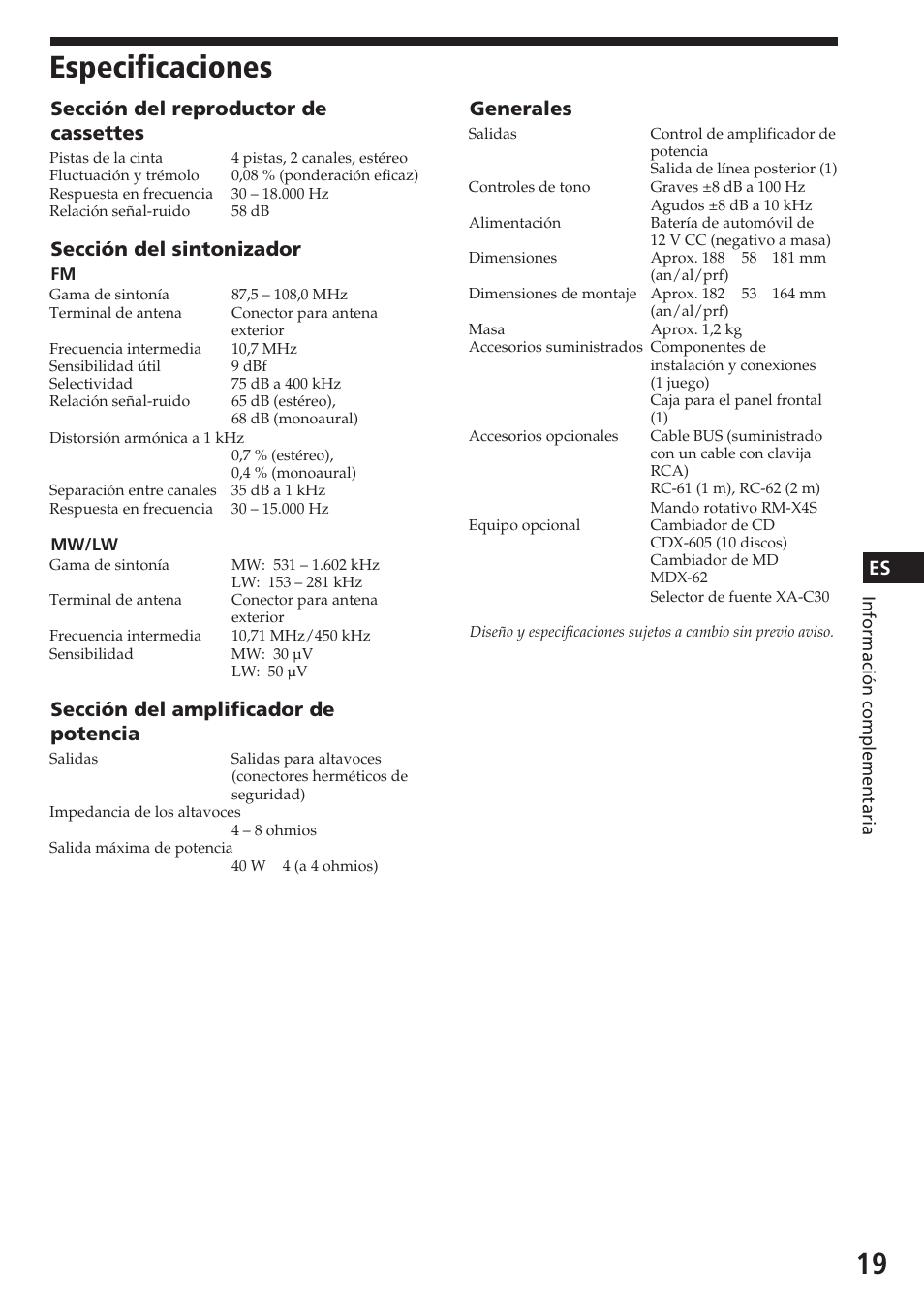 Especificaciones, Sección del reproductor de cassettes, Sección del sintonizador | Sección del amplificador de potencia, Generales | Sony XR-C5080R User Manual | Page 39 / 84