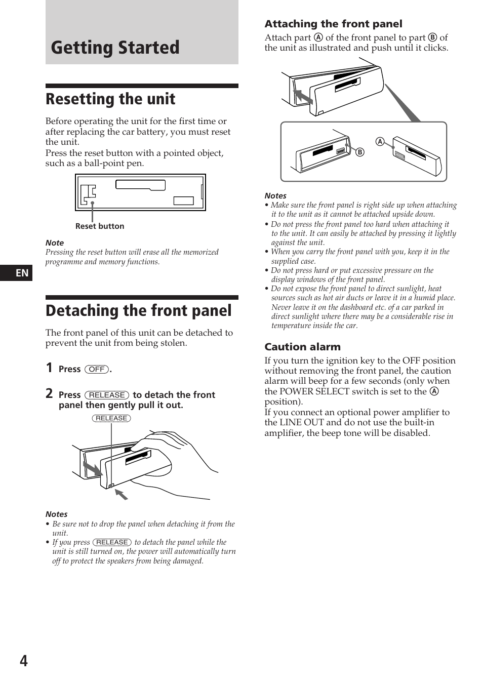 Getting started, Resetting the unit, Detaching the front panel | Sony XR-C5080R User Manual | Page 4 / 84