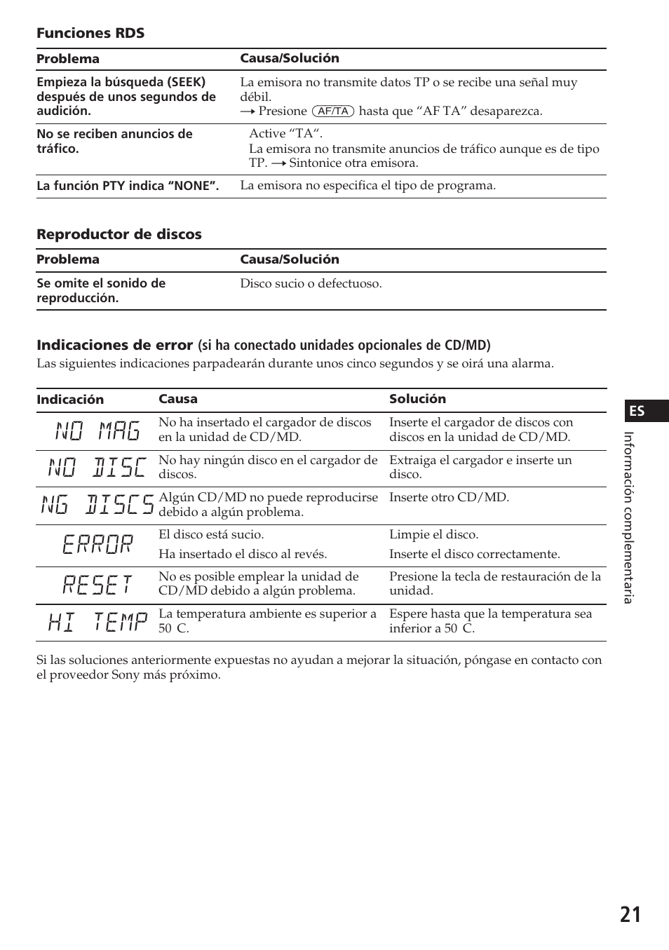 No mag no disc ng discs error reset hi temp | Sony XR-C5080R User Manual | Page 41 / 84