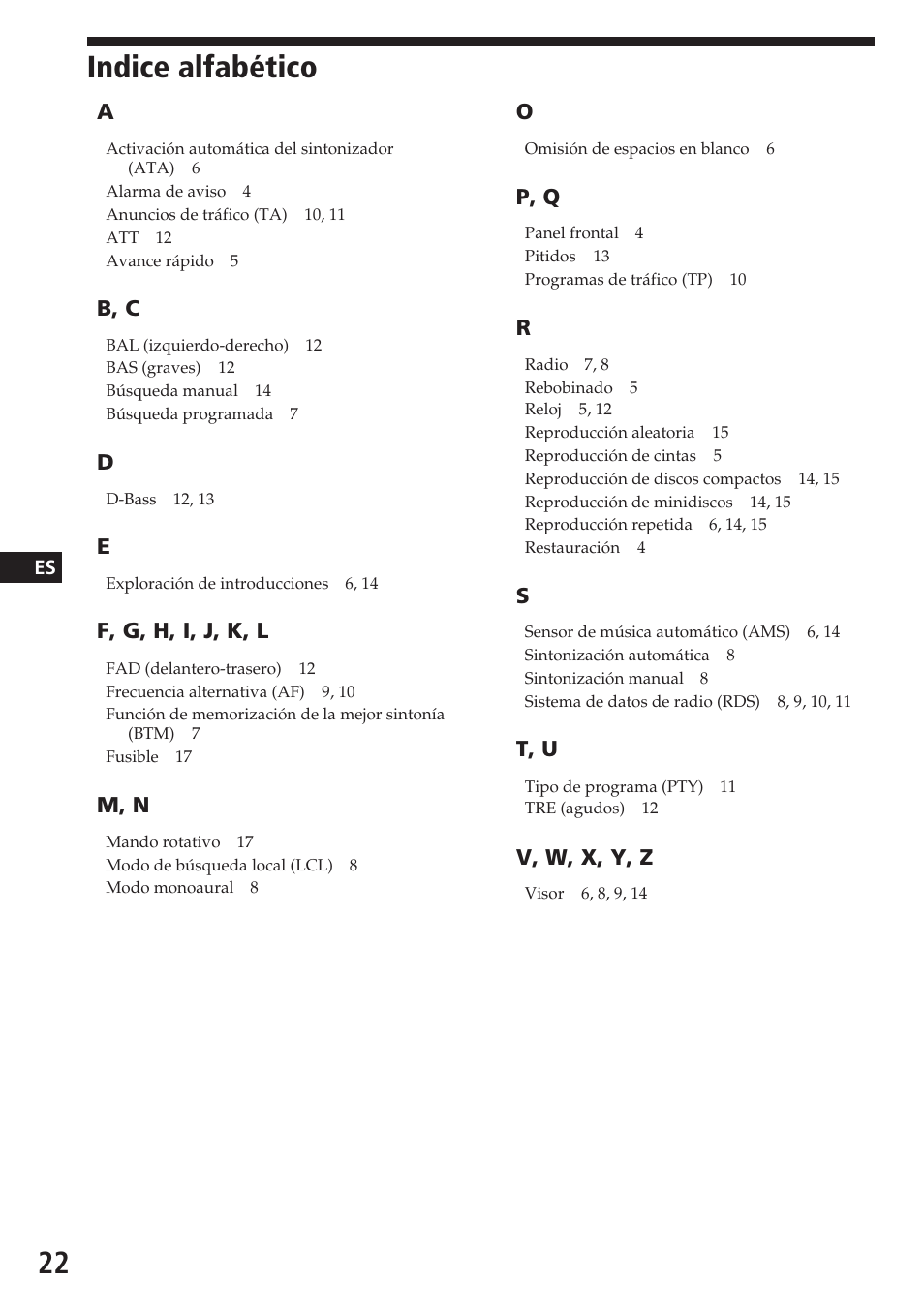 Indice alfabético | Sony XR-C5080R User Manual | Page 42 / 84