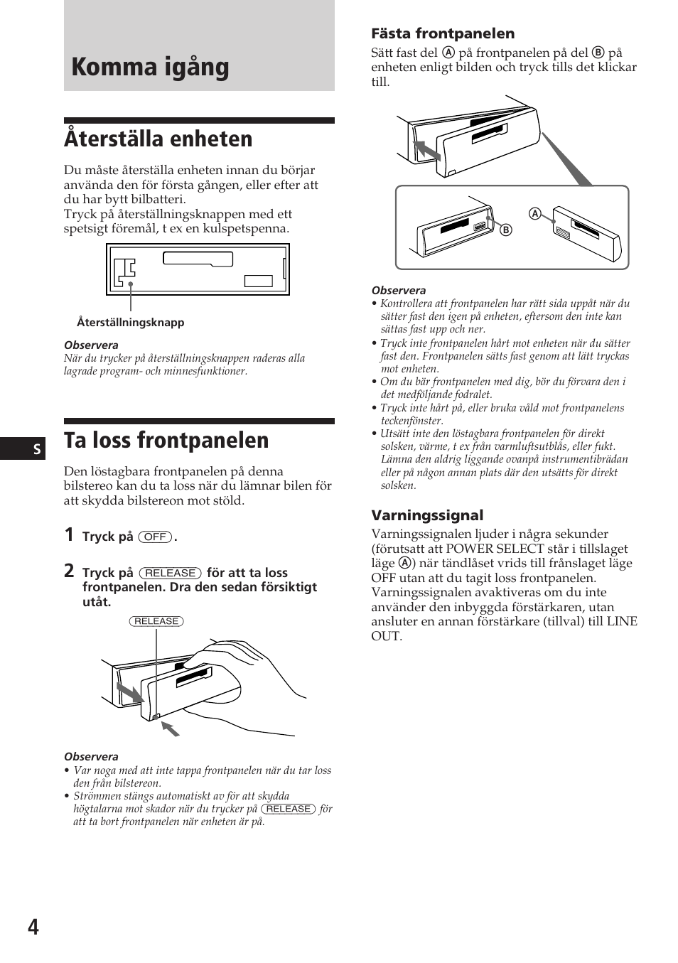 Komma igång, Återställa enheten, Ta loss frontpanelen | Sony XR-C5080R User Manual | Page 46 / 84