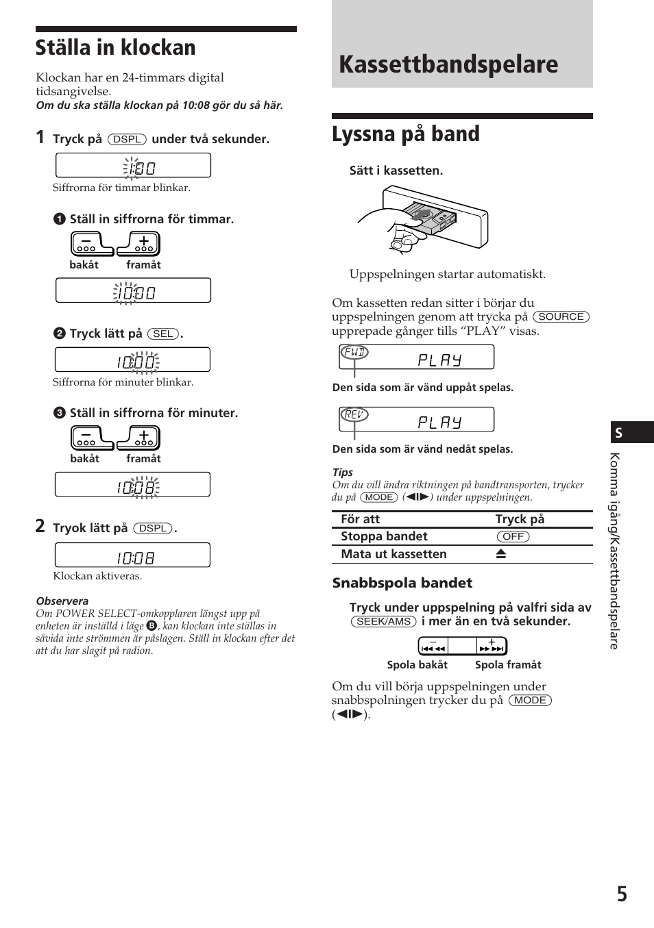 Kassettbandspelare, Lyssna på band, Ställa in klockan | Sony XR-C5080R User Manual | Page 47 / 84