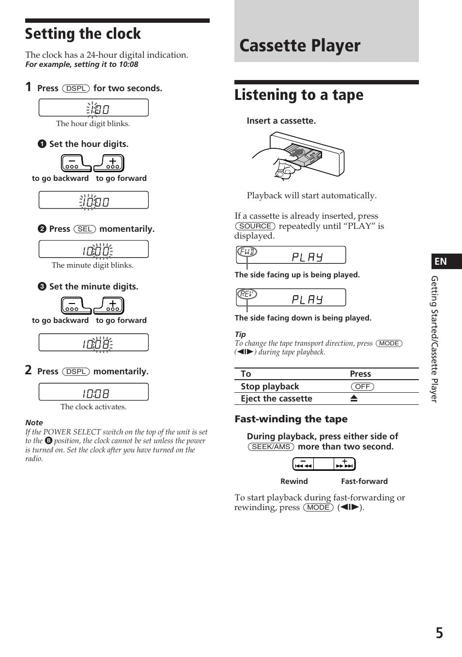 Cassette player, Setting the clock, Listening to a tape | Sony XR-C5080R User Manual | Page 5 / 84