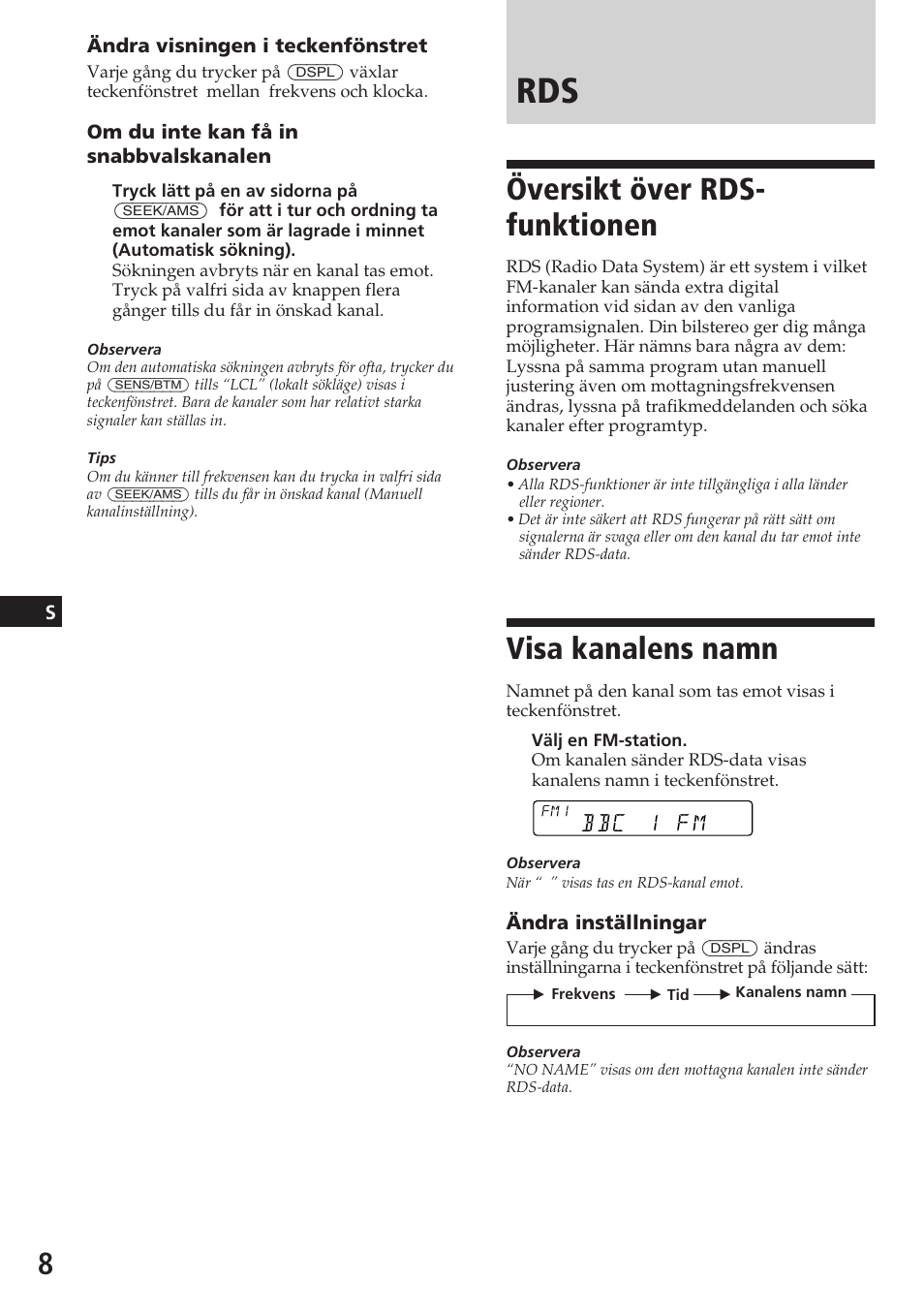 Översikt över rds- funktionen, Visa kanalens namn | Sony XR-C5080R User Manual | Page 50 / 84