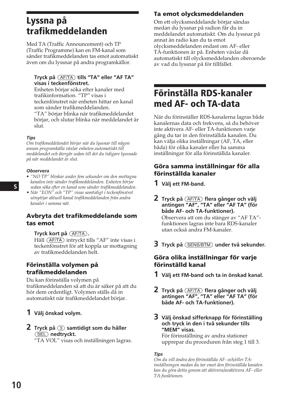 Förinställa rds-kanaler med af- och ta-data, Lyssna på trafikmeddelanden | Sony XR-C5080R User Manual | Page 52 / 84