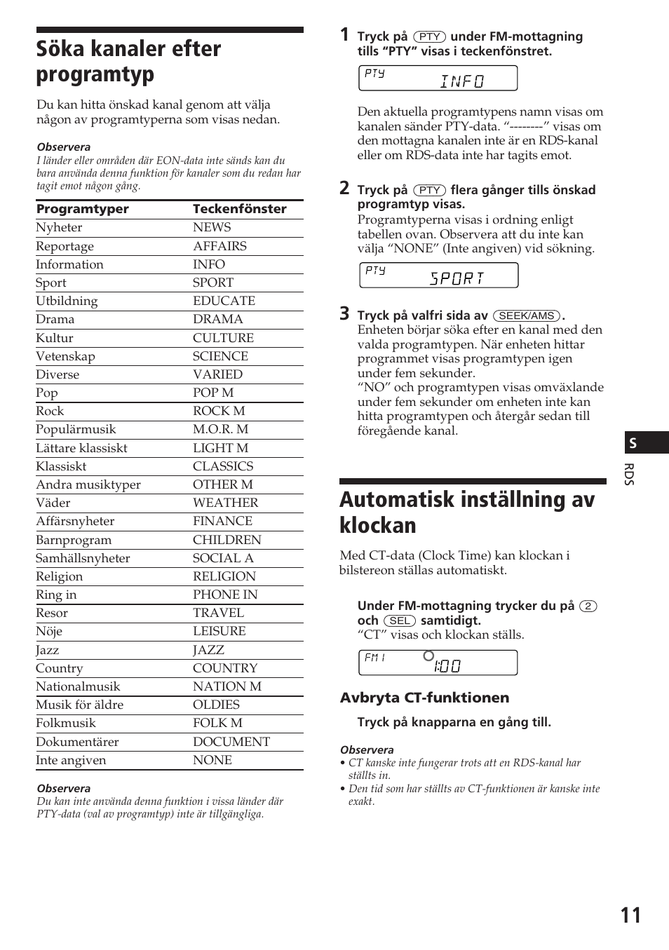 Automatisk inställning av klockan, Söka kanaler efter programtyp | Sony XR-C5080R User Manual | Page 53 / 84