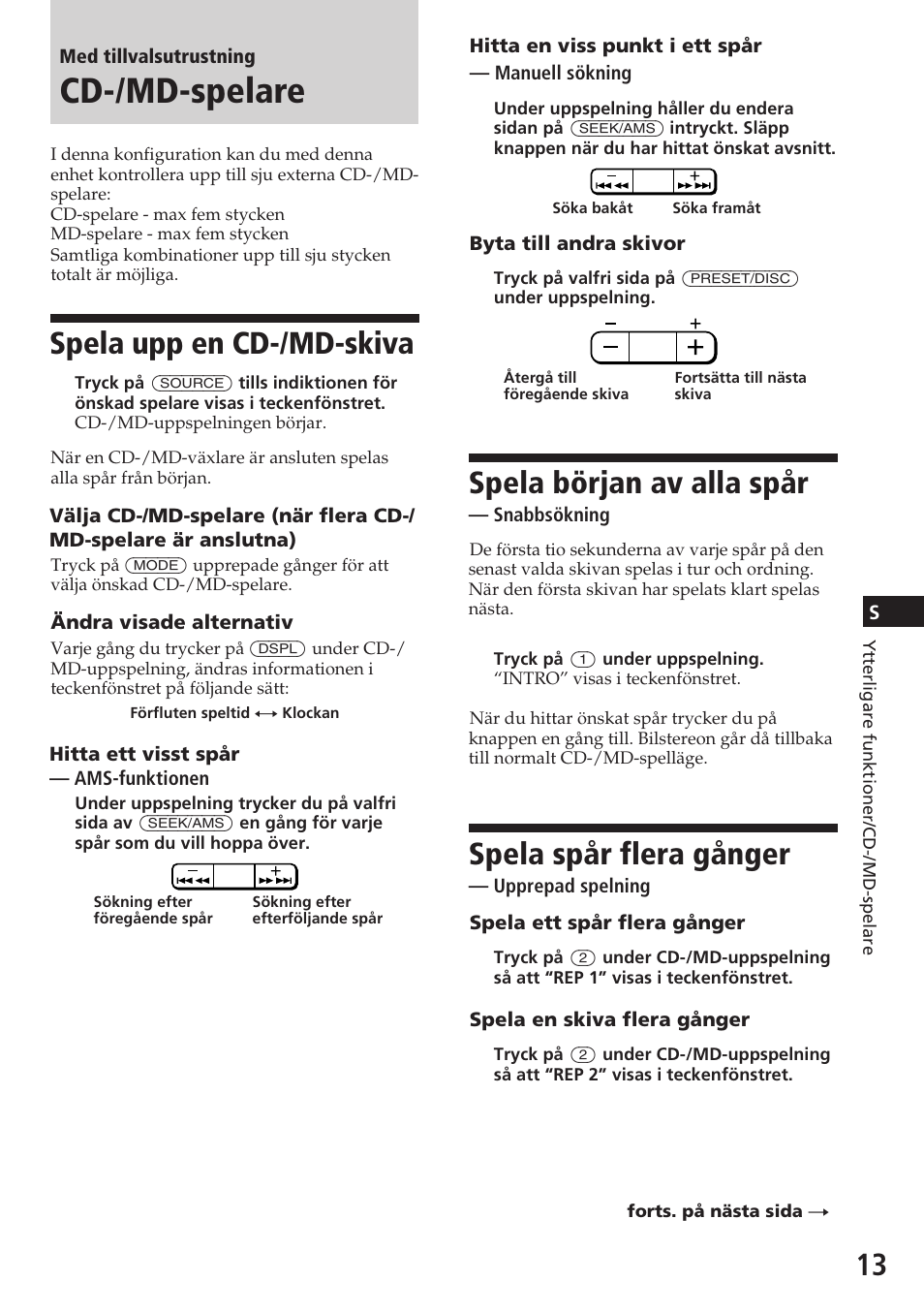 Cd-/md-spelare, Spela början av alla spår, Spela spår flera gånger | Spela upp en cd-/md-skiva | Sony XR-C5080R User Manual | Page 55 / 84