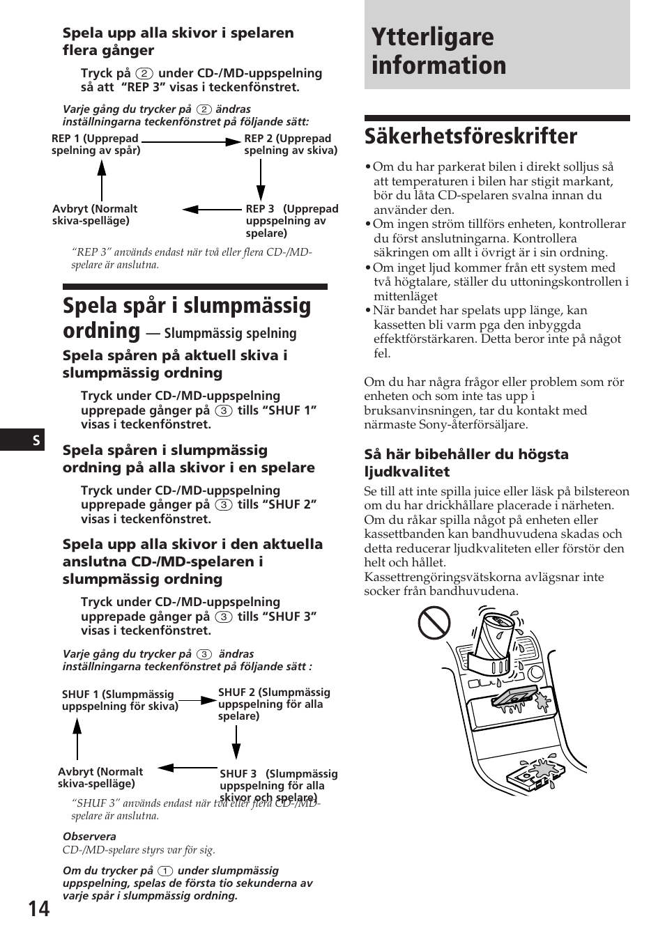 Ytterligare information, Spela spår i slumpmässig ordning, Säkerhetsföreskrifter | Sony XR-C5080R User Manual | Page 56 / 84