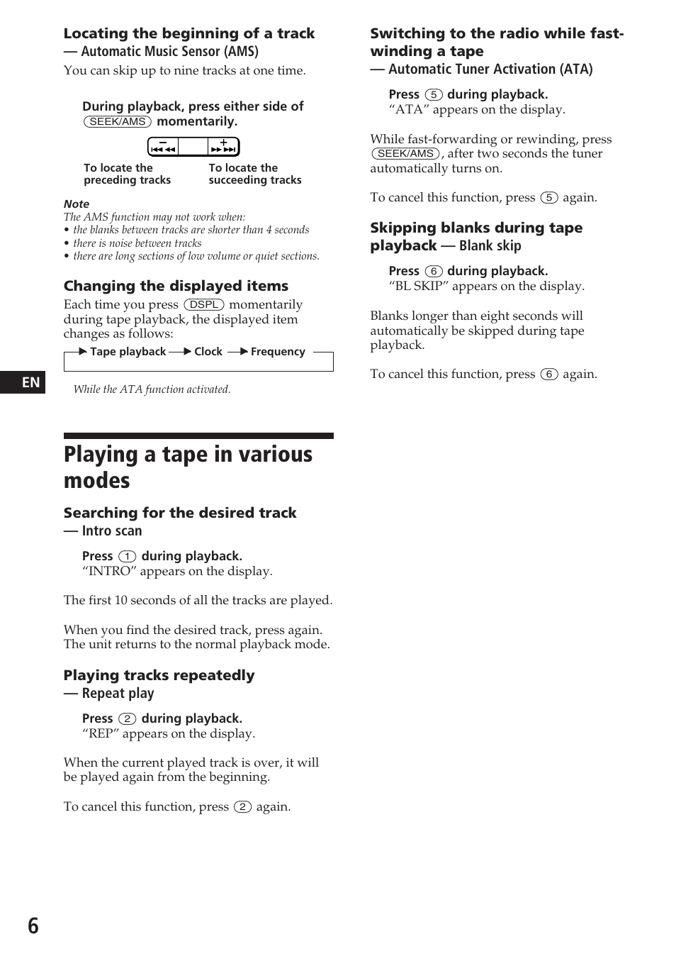 Playing a tape in various modes | Sony XR-C5080R User Manual | Page 6 / 84