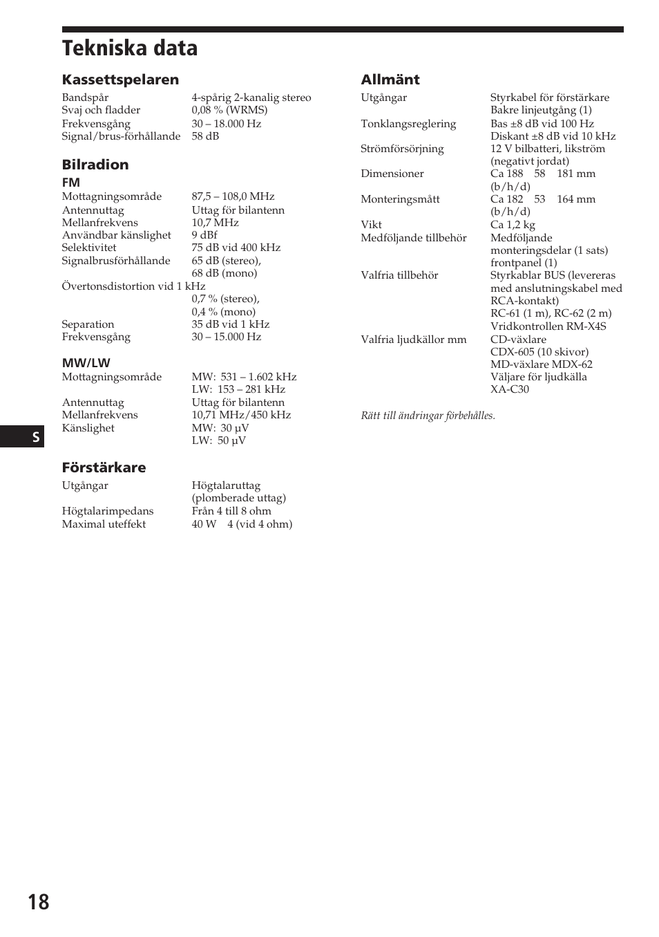 Tekniska data, Kassettspelaren, Bilradion | Förstärkare, Allmänt | Sony XR-C5080R User Manual | Page 60 / 84