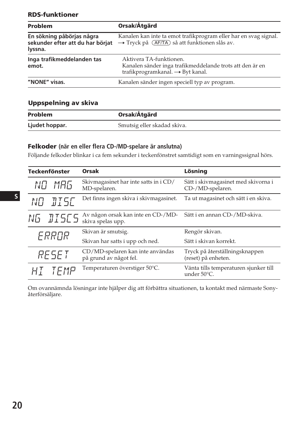 No mag no disc ng discs error reset hi temp | Sony XR-C5080R User Manual | Page 62 / 84