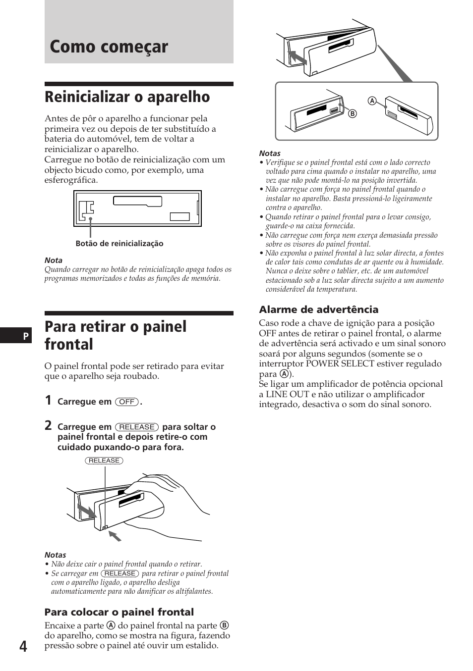 Como começar, Reinicializar o aparelho, Para retirar o painel frontal | Sony XR-C5080R User Manual | Page 66 / 84