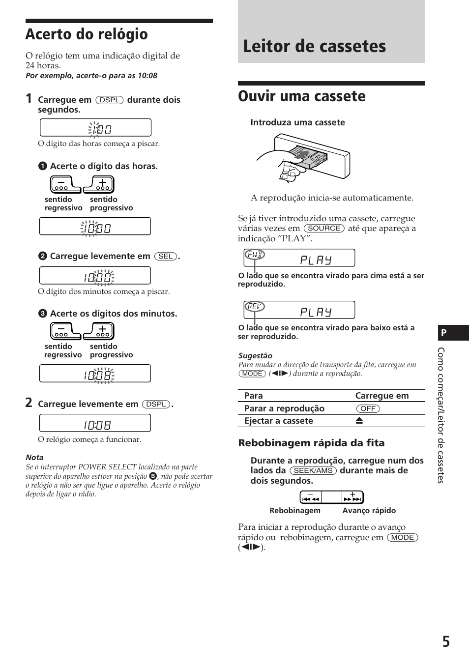 Leitor de cassetes, Ouvir uma cassete, Acerto do relógio | Sony XR-C5080R User Manual | Page 67 / 84