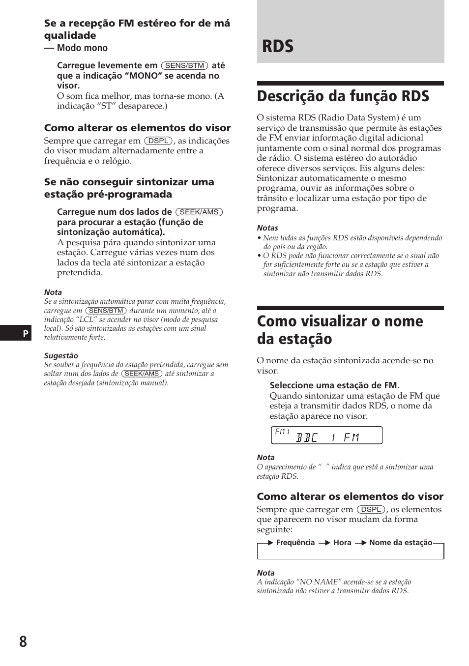 Descrição da função rds, Como visualizar o nome da estação | Sony XR-C5080R User Manual | Page 70 / 84